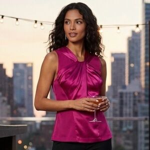 CACHE Magenta Stretch Silk Satin Twist Front Sleeveless Top Size Medium